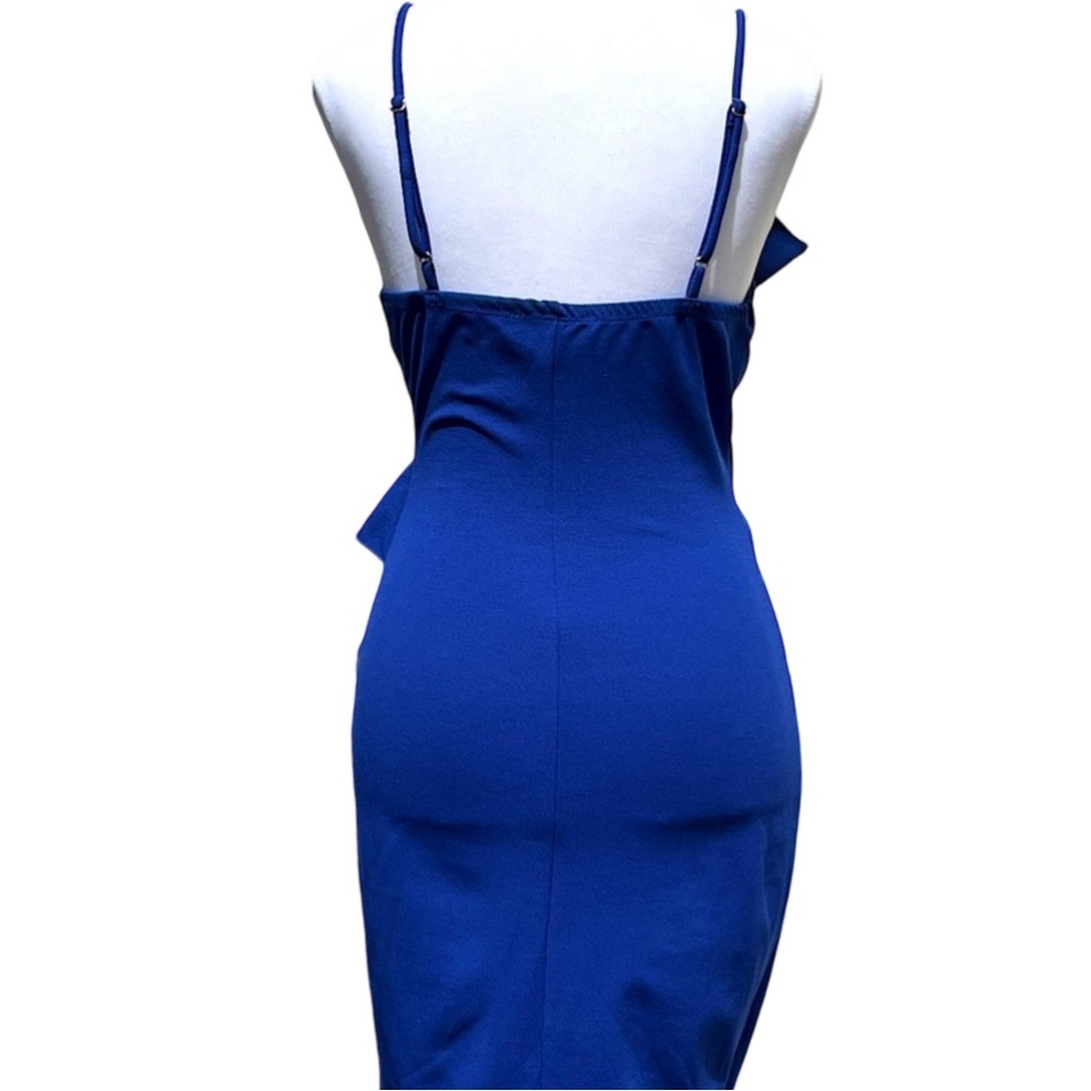 Lulu’s  Asymmetrical Ruffle V-neckline Bodycon Dress Stretch Size S Cobalt Blue - Picture 4 of 7